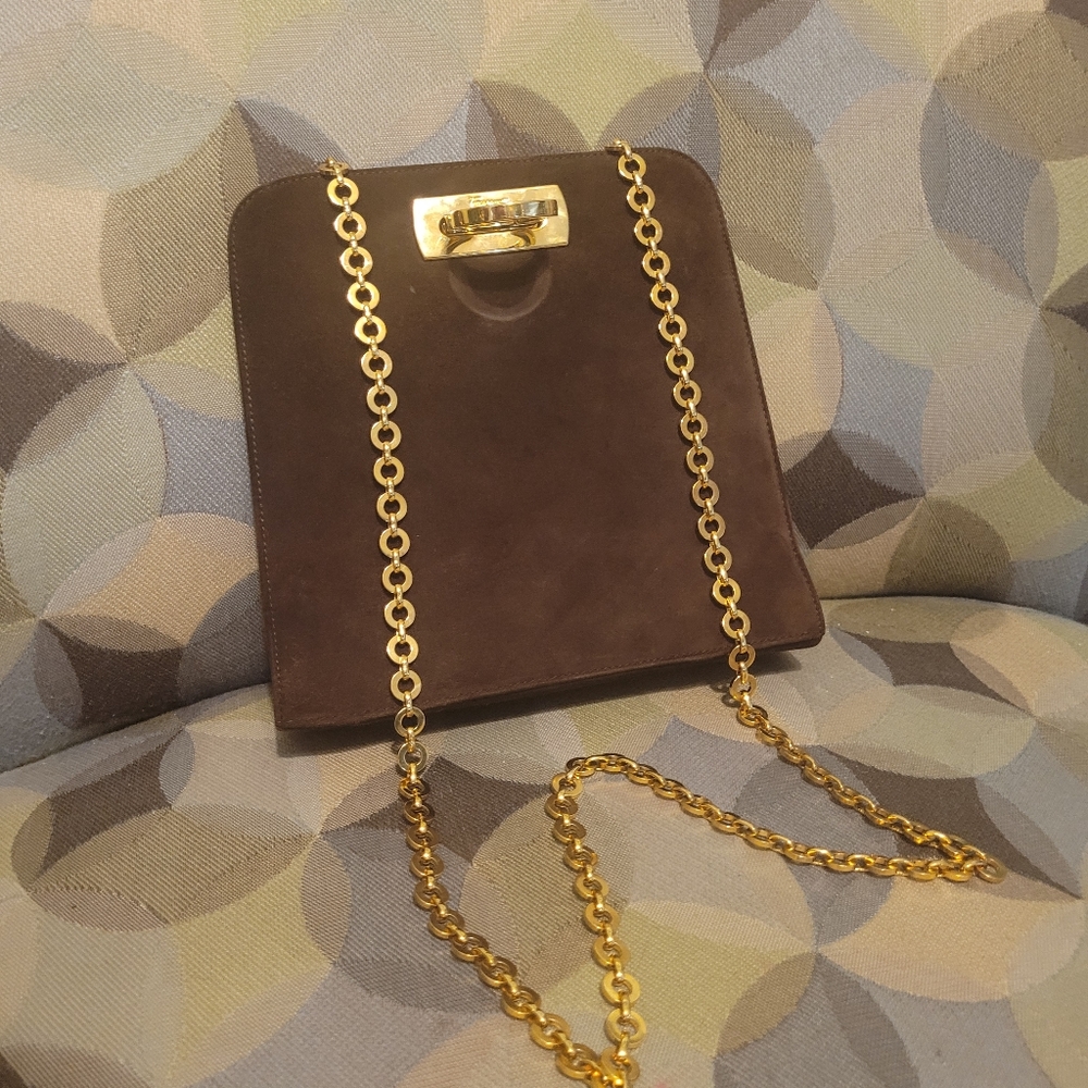 Vintage Ferragamo Gancini Chain Shoulder Bag In Brown Suede